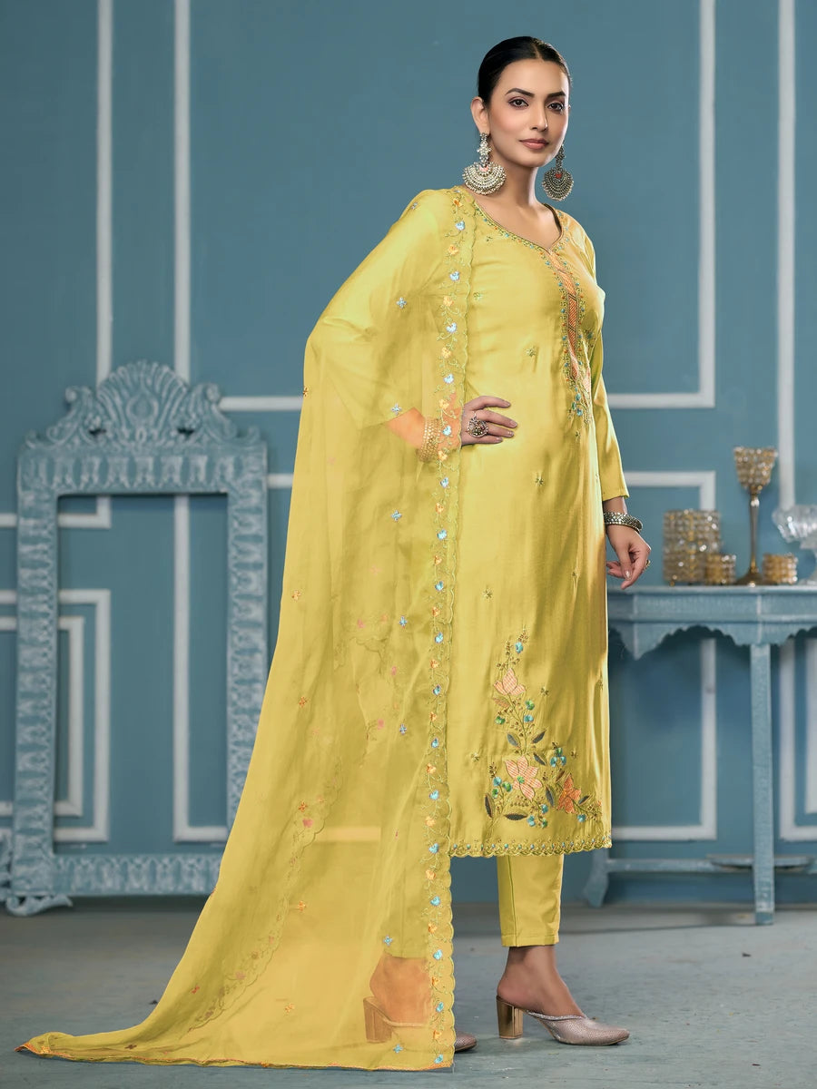 Designer Embroidered Salwar Suit | Roman Cotton with Organza Dupatta