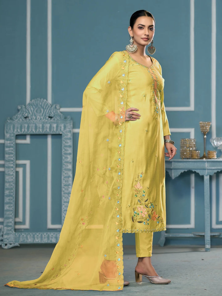 Designer Embroidered Salwar Suit | Roman Cotton with Organza Dupatta