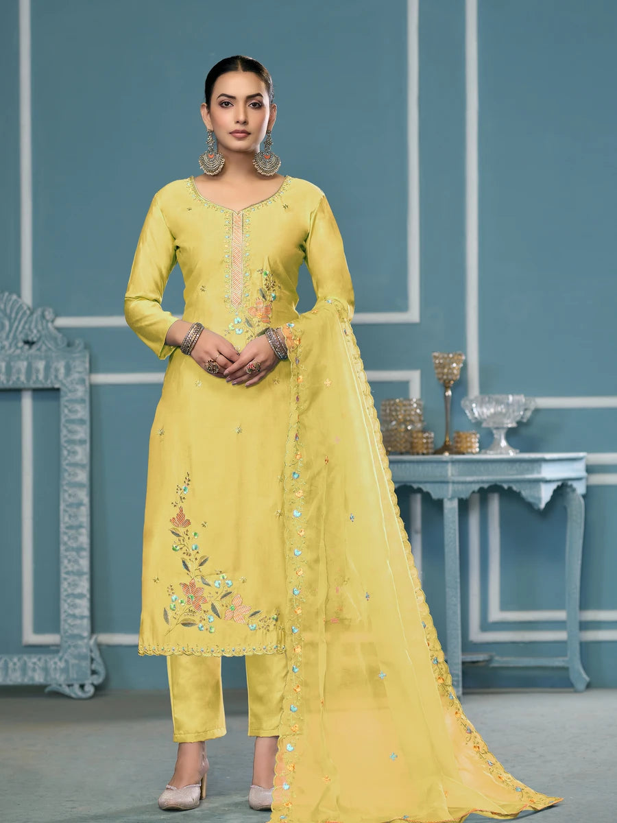 Designer Embroidered Salwar Suit | Roman Cotton with Organza Dupatta