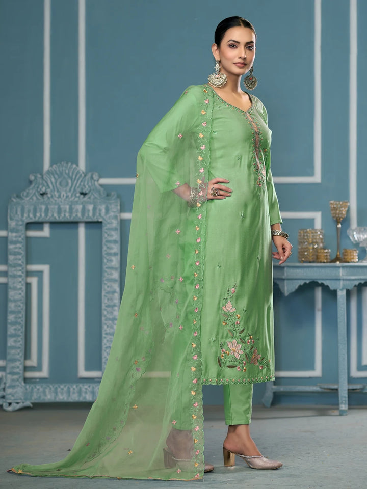 Designer Embroidered Salwar Suit | Roman Cotton with Organza Dupatta