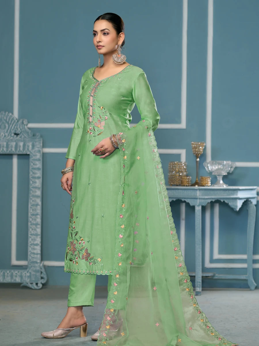 Designer Embroidered Salwar Suit | Roman Cotton with Organza Dupatta
