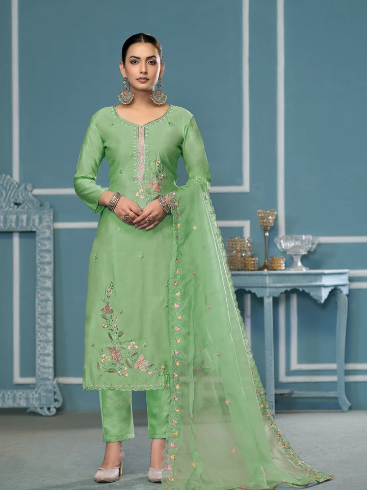 Designer Embroidered Salwar Suit | Roman Cotton with Organza Dupatta