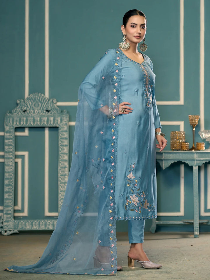 Designer Embroidered Salwar Suit | Roman Cotton with Organza Dupatta