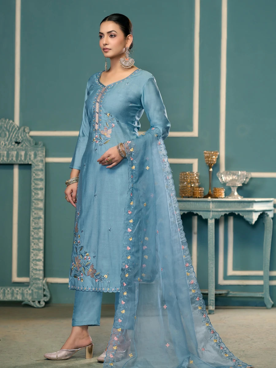 Designer Embroidered Salwar Suit | Roman Cotton with Organza Dupatta