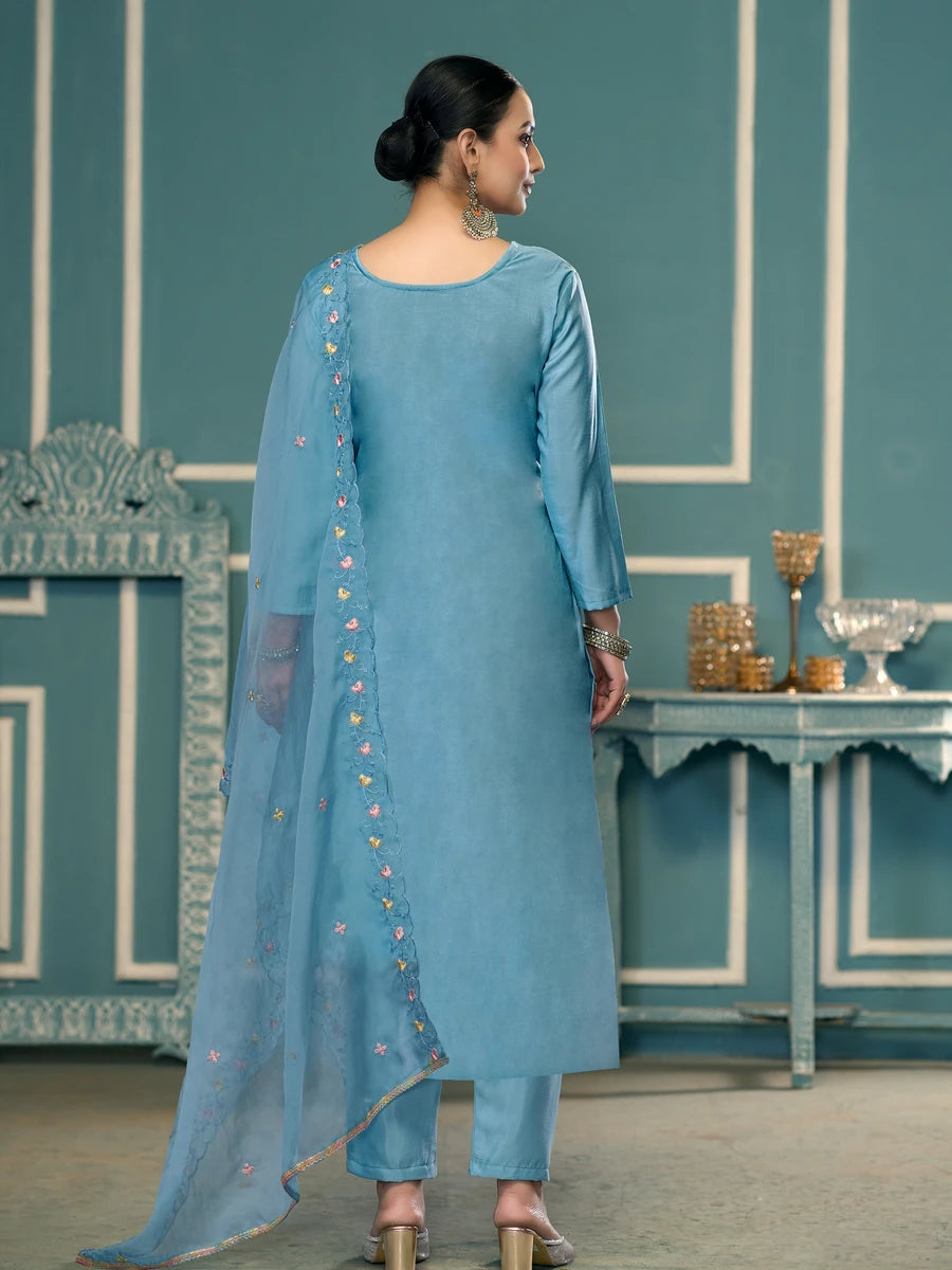 Designer Embroidered Salwar Suit | Roman Cotton with Organza Dupatta