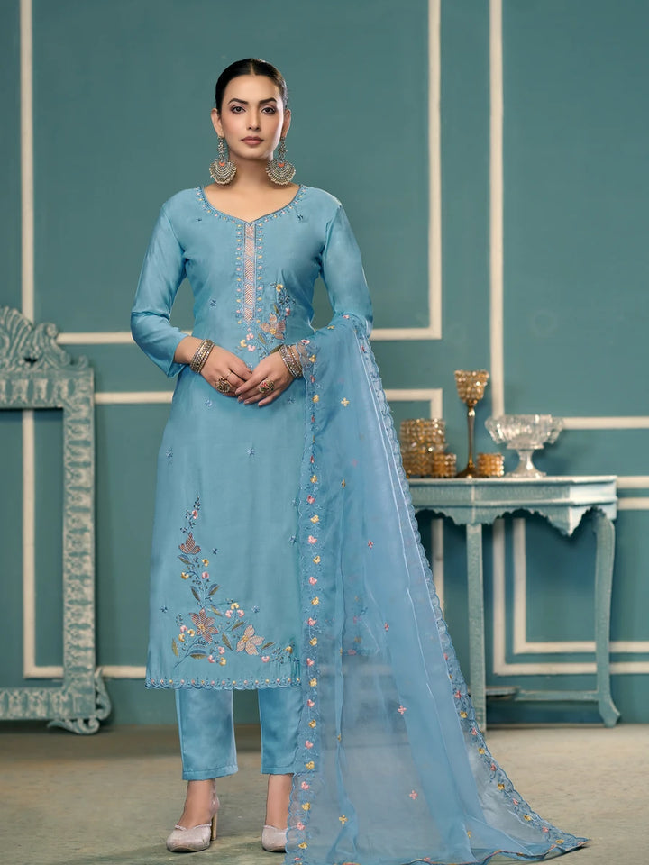 Designer Embroidered Salwar Suit | Roman Cotton with Organza Dupatta