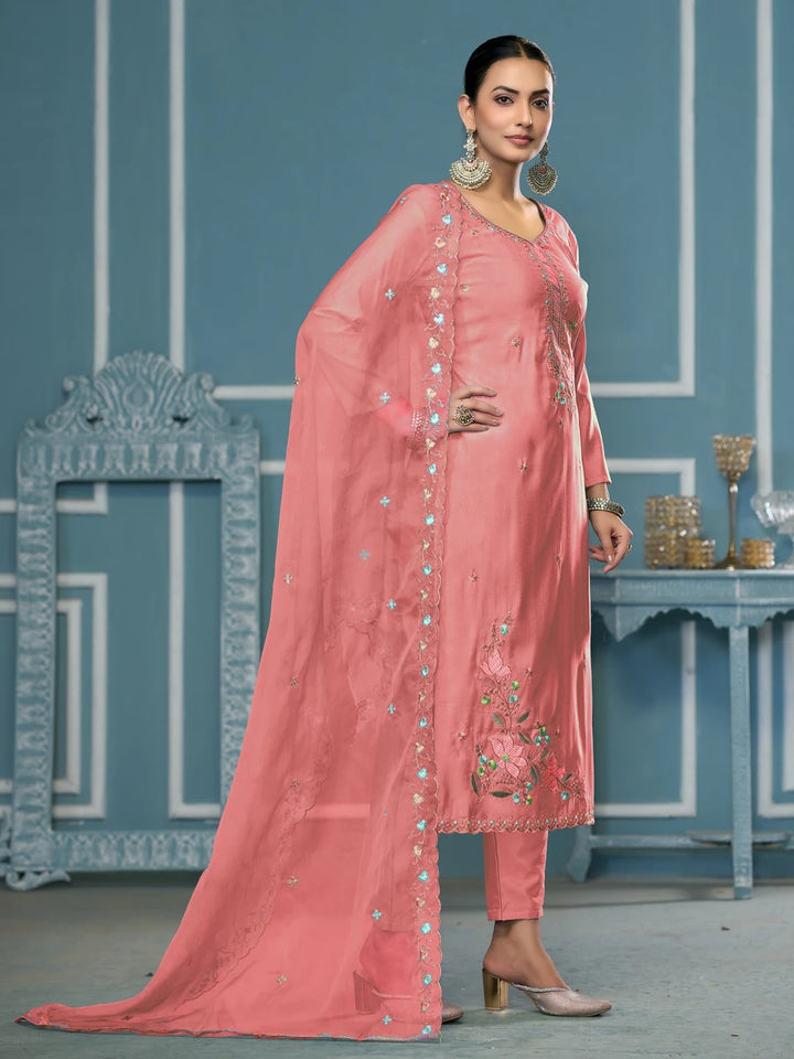 Designer Embroidered Salwar Suit | Roman Cotton with Organza Dupatta