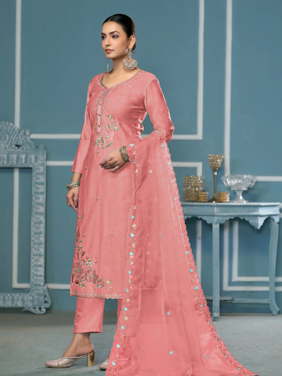 Designer Embroidered Salwar Suit | Roman Cotton with Organza Dupatta