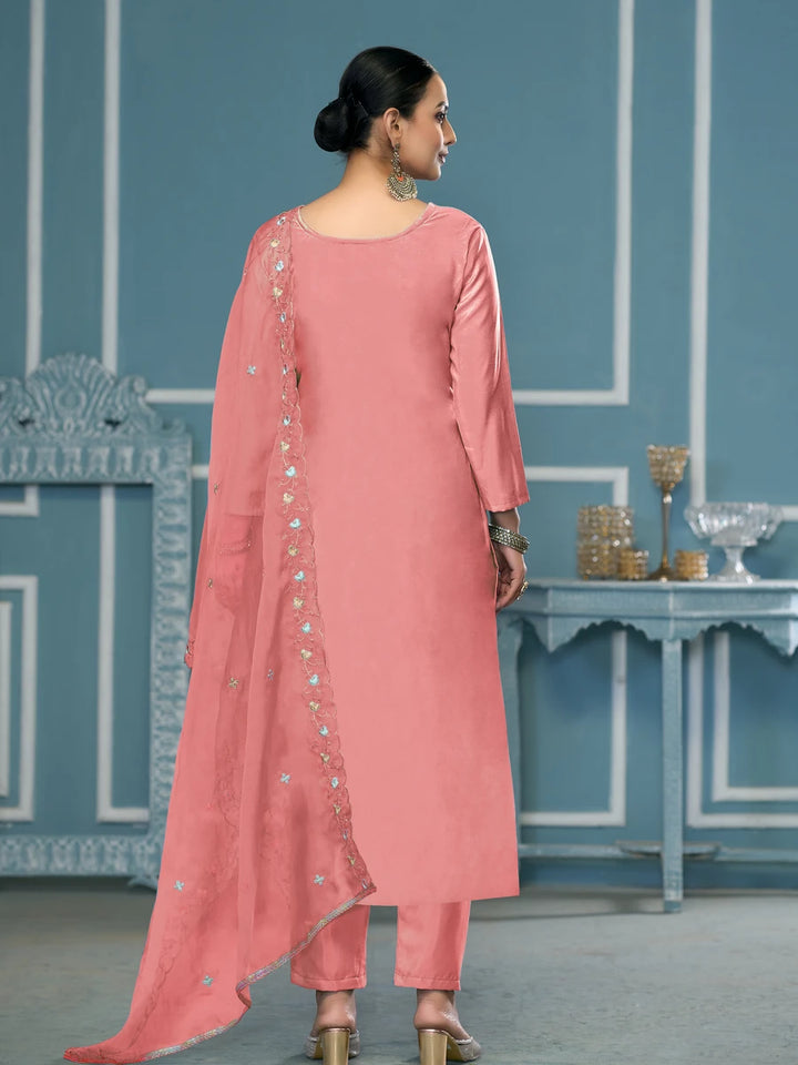 Designer Embroidered Salwar Suit | Roman Cotton with Organza Dupatta