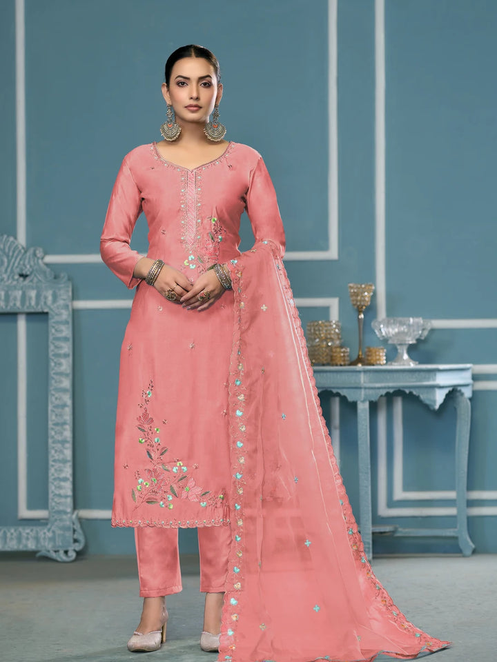 Designer Embroidered Salwar Suit | Roman Cotton with Organza Dupatta