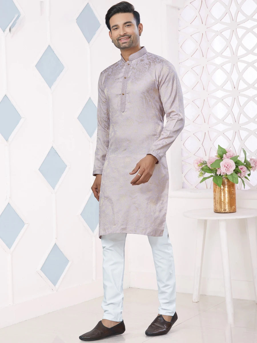 Light Gray Jacquard Silk Kurta Pajama | Pintex Weaving Designer Work