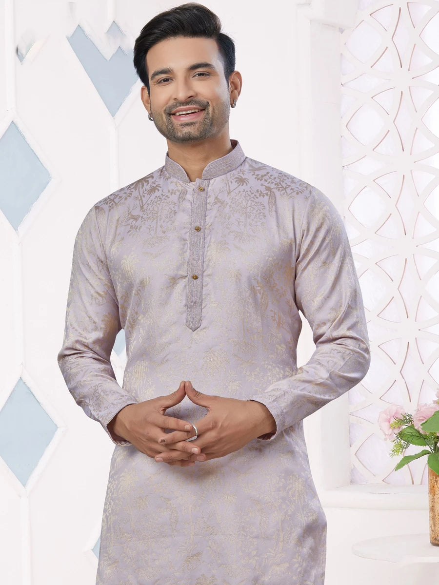 Light Gray Jacquard Silk Kurta Pajama | Pintex Weaving Designer Work