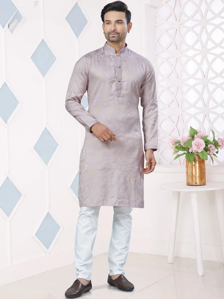 Light Gray Jacquard Silk Kurta Pajama | Pintex Weaving Designer Work