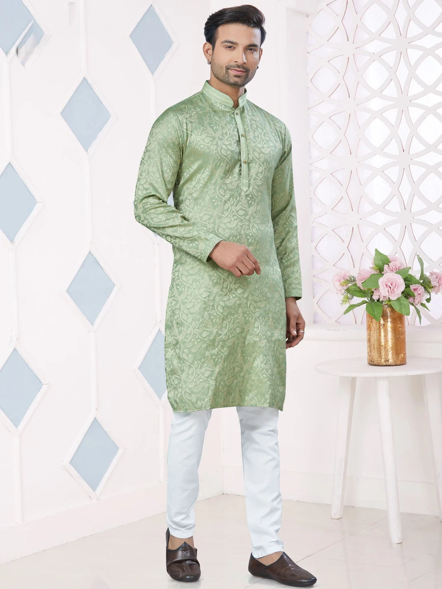 Elegant Pista Green Kurta Pajama | Jacquard Silk with Raymond Cotton Payjama