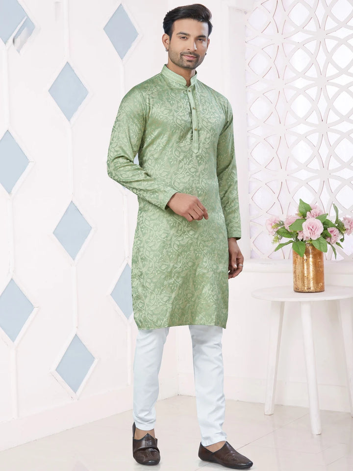 Elegant Pista Green Kurta Pajama | Jacquard Silk with Raymond Cotton Payjama