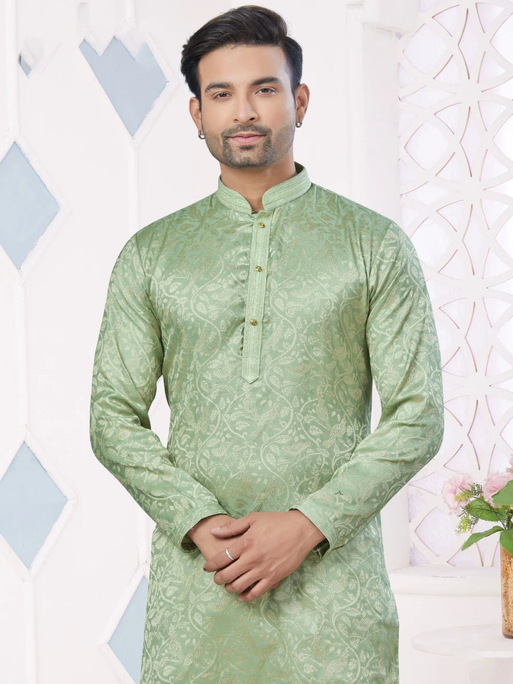 Elegant Pista Green Kurta Pajama | Jacquard Silk with Raymond Cotton Payjama