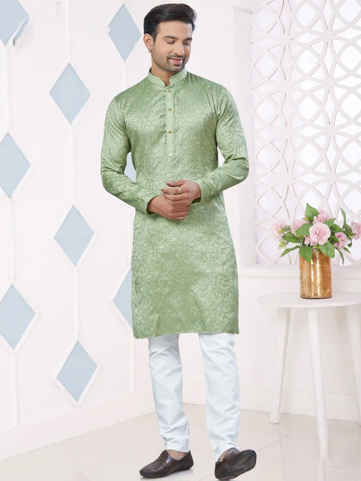 Elegant Pista Green Kurta Pajama | Jacquard Silk with Raymond Cotton Payjama