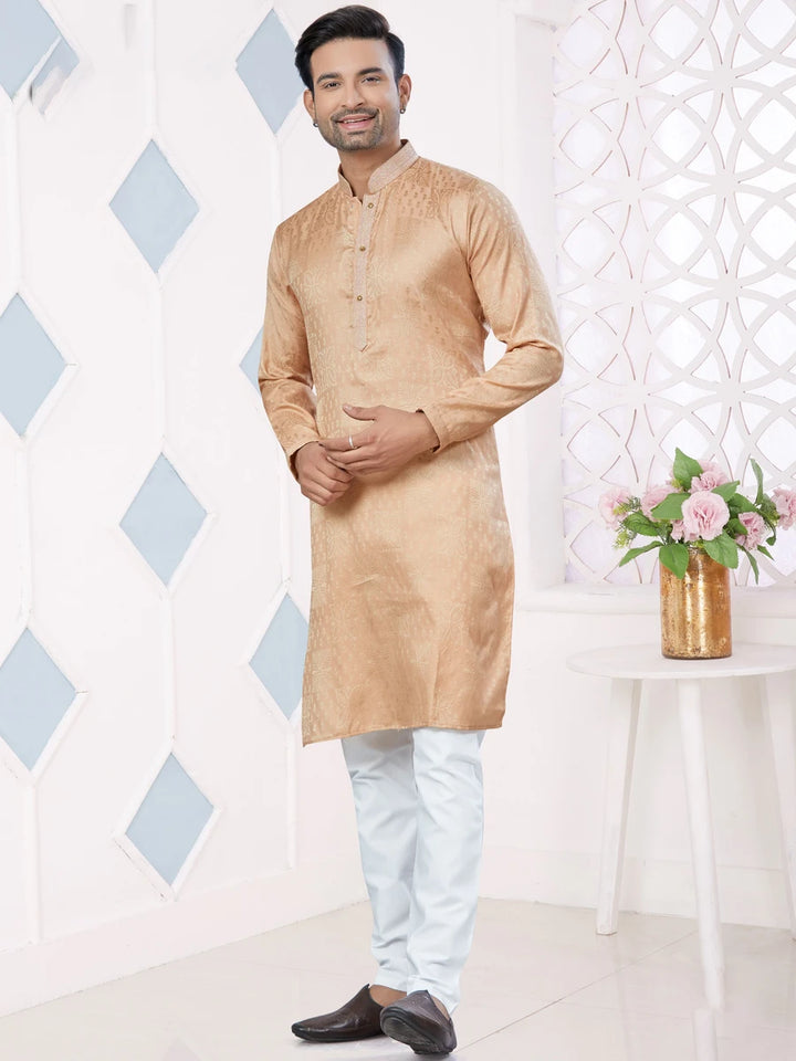 Elegance Wedding Wear Peach Kurta Pajama | Jacquard Silk with Raymond Cotton