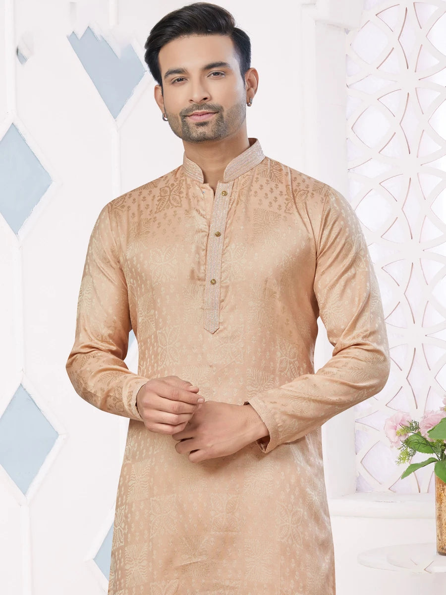 Elegance Wedding Wear Peach Kurta Pajama | Jacquard Silk with Raymond Cotton