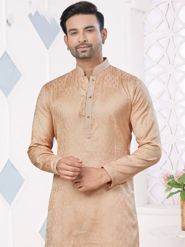 Elegance Wedding Wear Peach Kurta Pajama | Jacquard Silk with Raymond Cotton