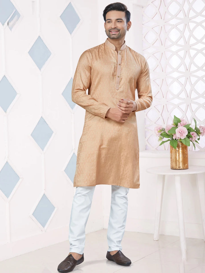 Elegance Wedding Wear Peach Kurta Pajama | Jacquard Silk with Raymond Cotton