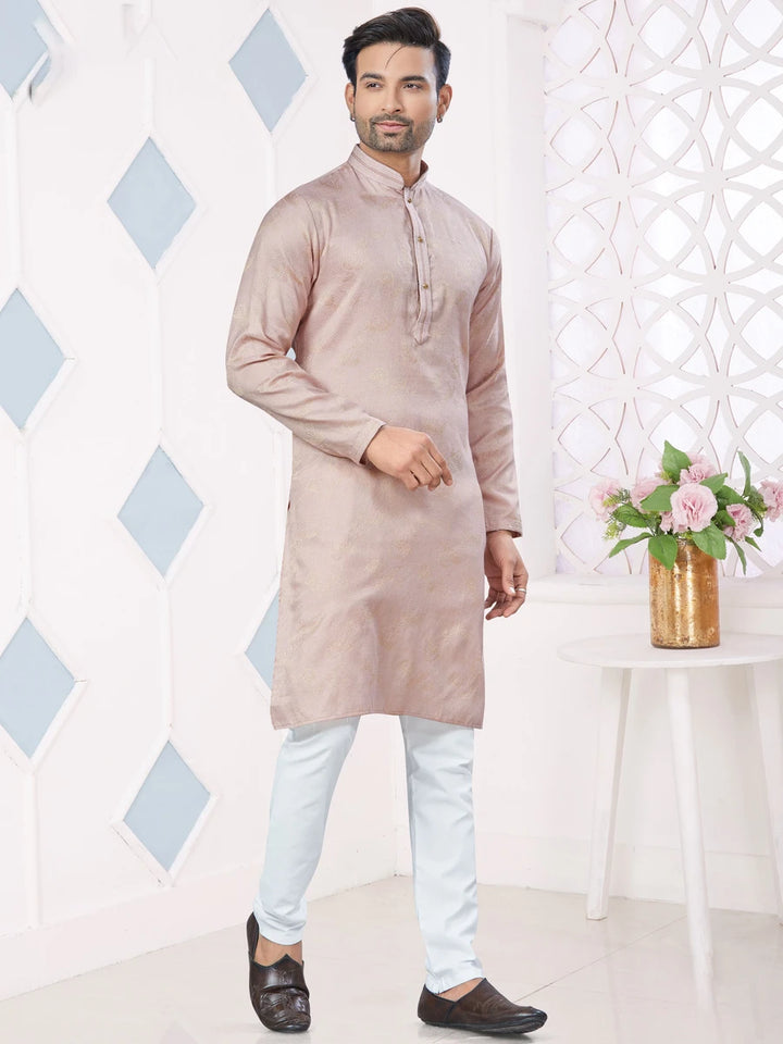 Men's Dusty Pink Kurta Pajama | Jacquard Silk with Pintex & Weaving Work