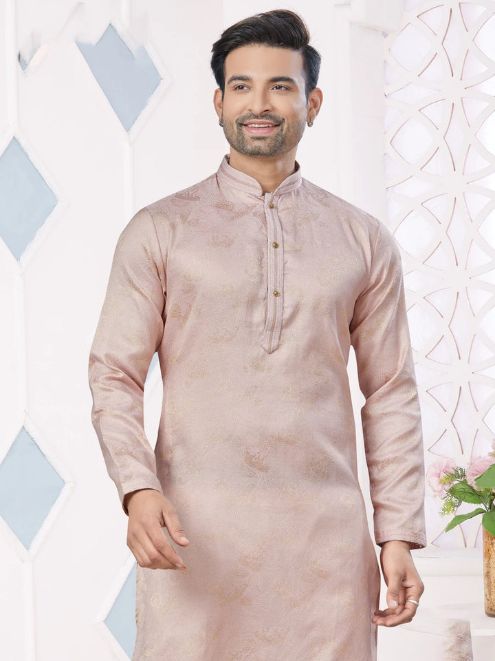 Men's Dusty Pink Kurta Pajama | Jacquard Silk with Pintex & Weaving Work