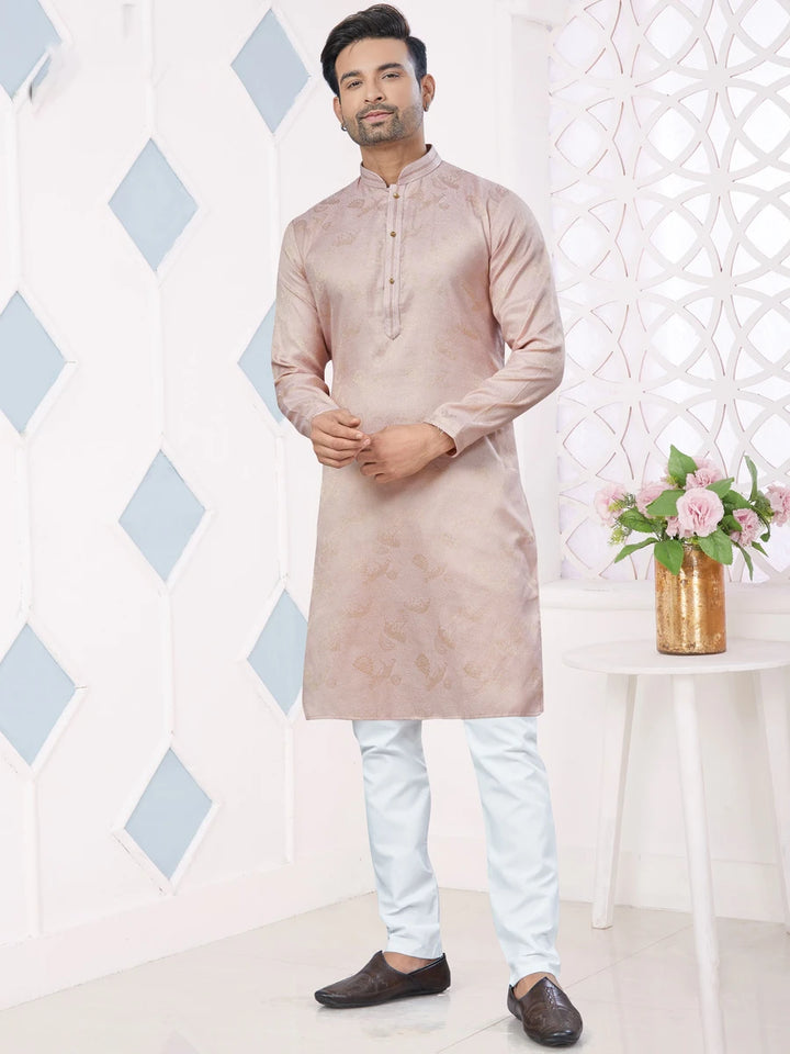Men's Dusty Pink Kurta Pajama | Jacquard Silk with Pintex & Weaving Work