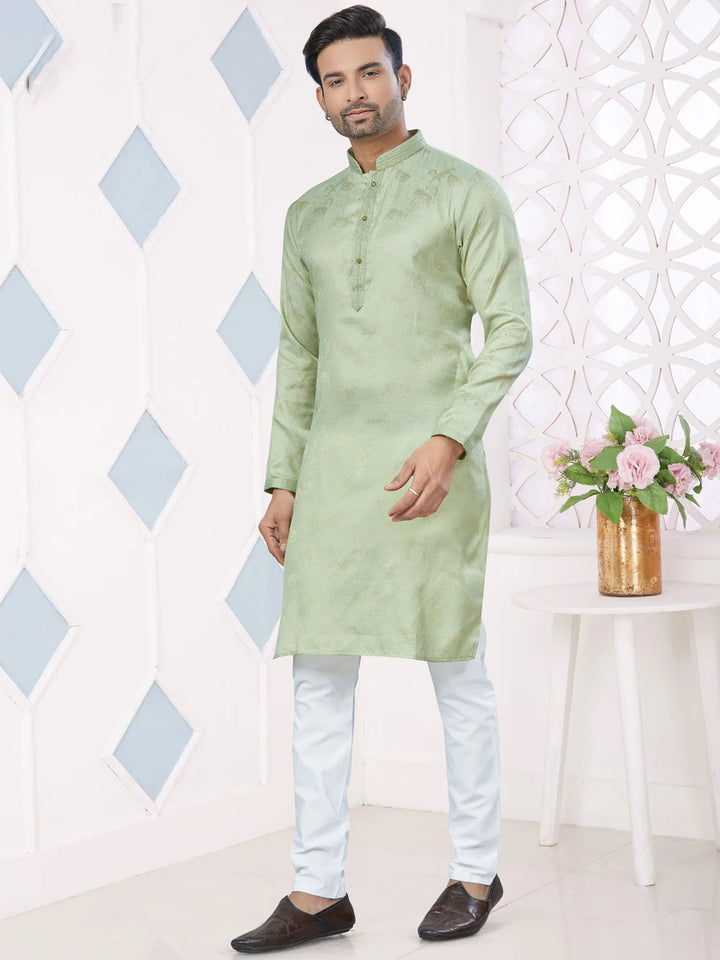 Classic Pista Green Kurta Pajama | Weaving Jacquard Designer Ethnic Set