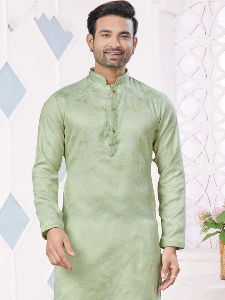 Classic Pista Green Kurta Pajama | Weaving Jacquard Designer Ethnic Set