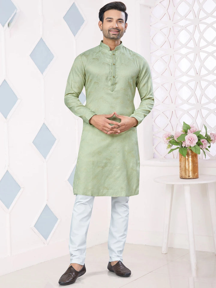 Classic Pista Green Kurta Pajama | Weaving Jacquard Designer Ethnic Set