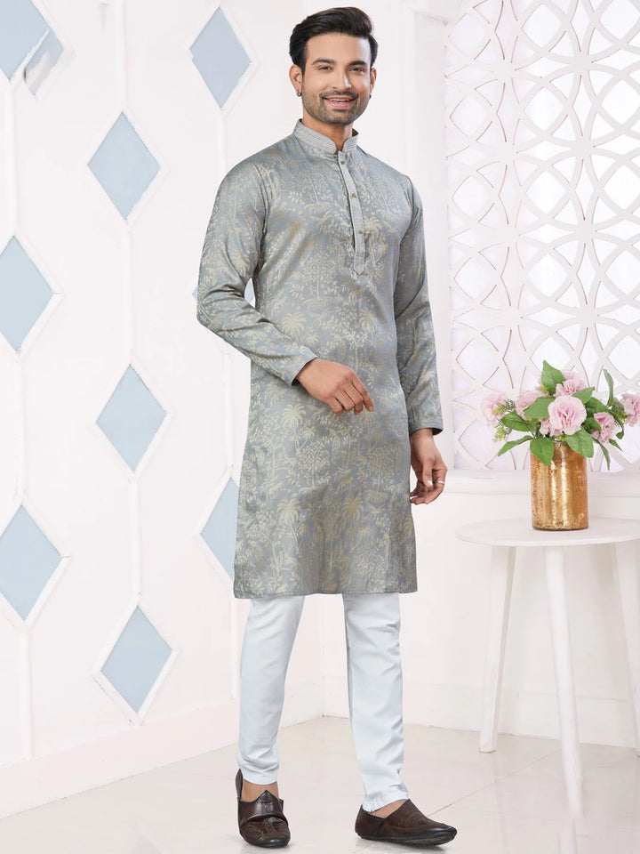Modern Gray Jacquard Silk Kurta Pajama | Perfect for Weddings & Receptions