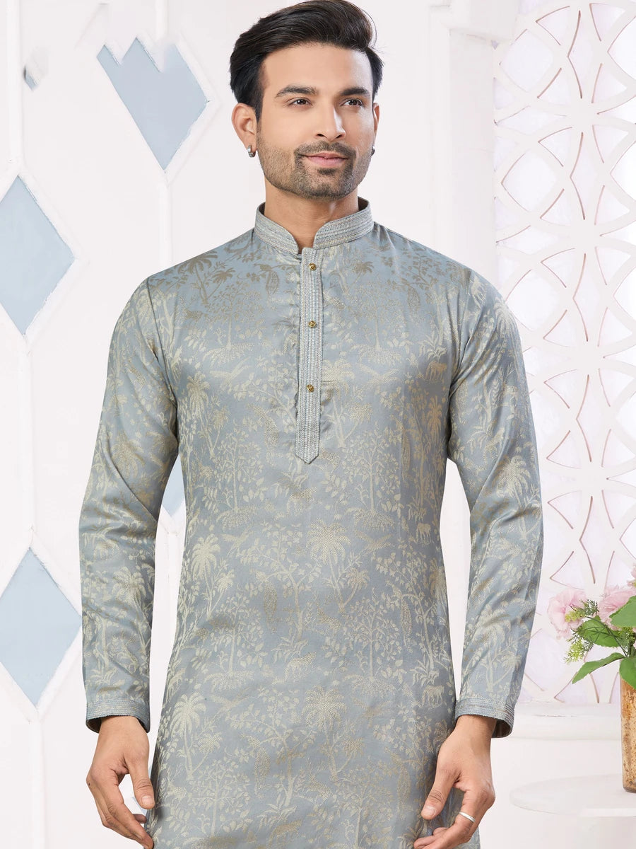 Modern Gray Jacquard Silk Kurta Pajama | Perfect for Weddings & Receptions