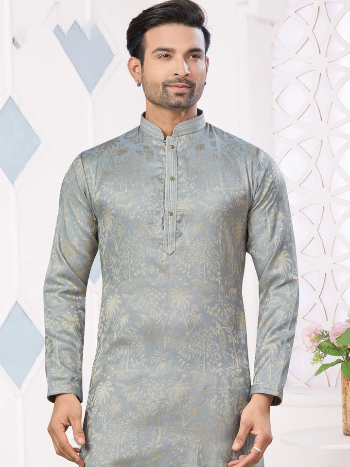 Modern Gray Jacquard Silk Kurta Pajama | Perfect for Weddings & Receptions