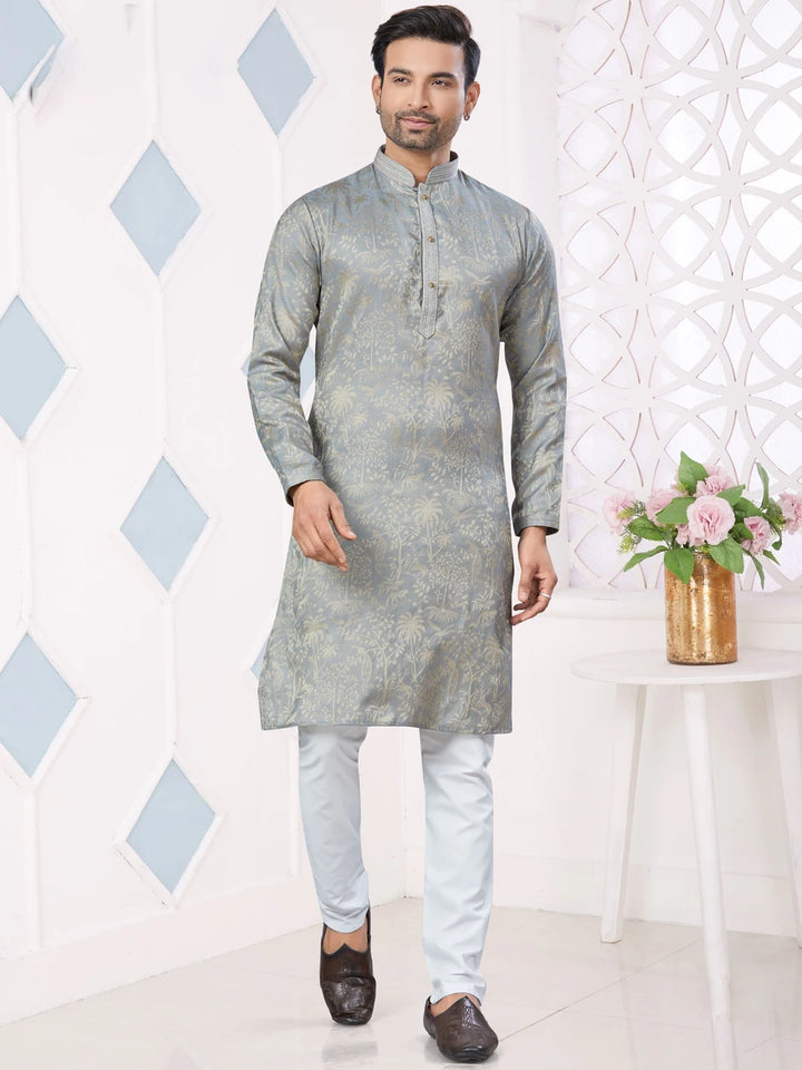Modern Gray Jacquard Silk Kurta Pajama | Perfect for Weddings & Receptions