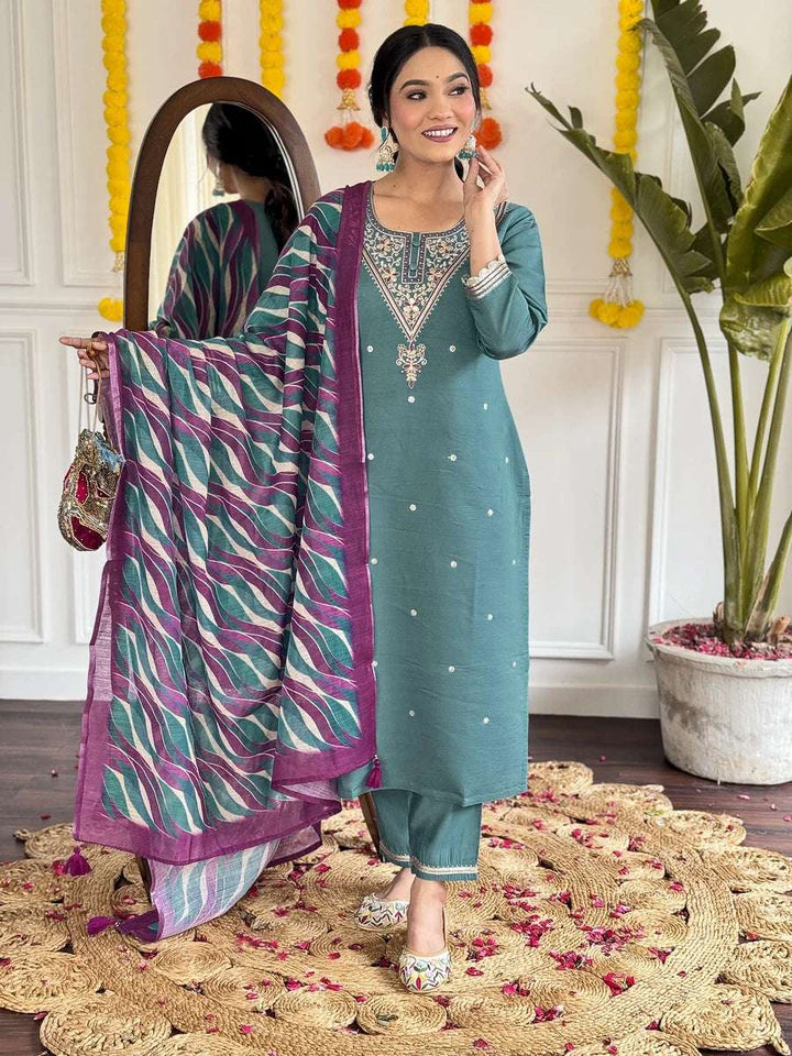 Ethnic Teal Salwar Kameez | Printed Linen Dupatta  Trendy Party Wear