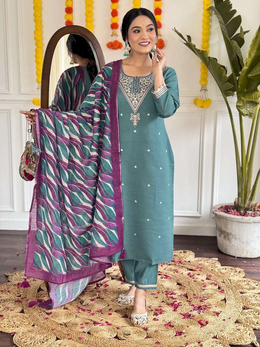Ethnic Teal Salwar Kameez | Printed Linen Dupatta  Trendy Party Wear