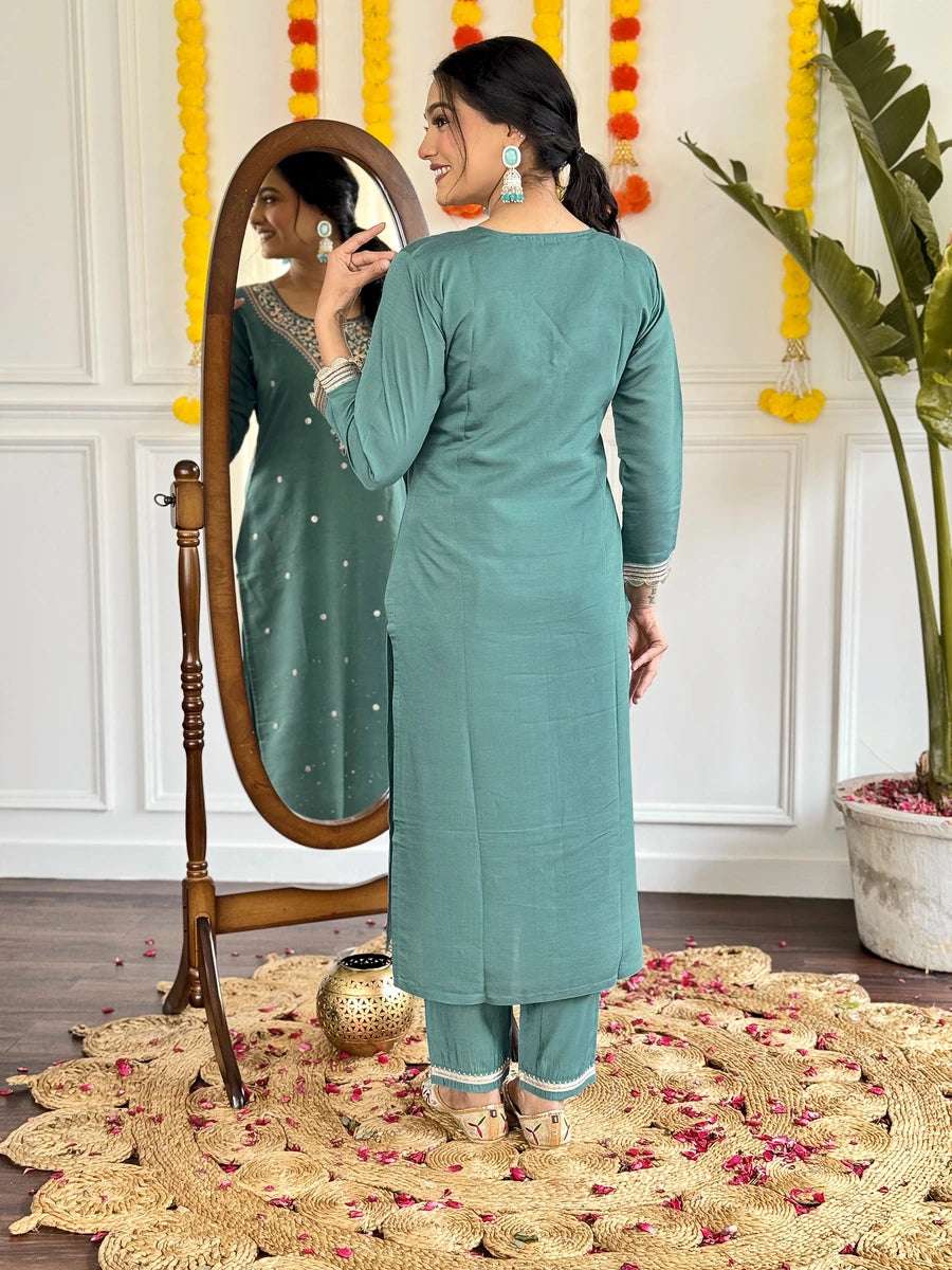 Ethnic Teal Salwar Kameez | Printed Linen Dupatta  Trendy Party Wear