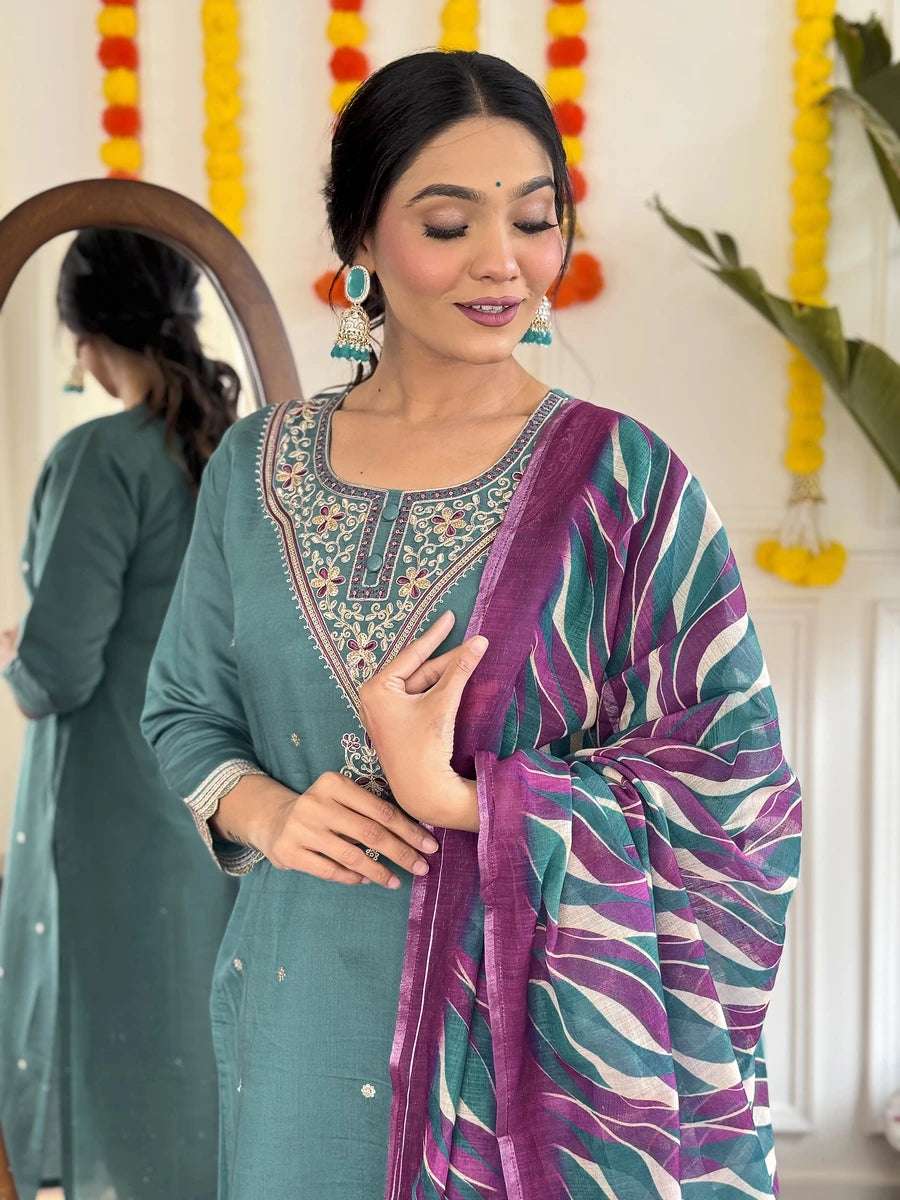 Ethnic Teal Salwar Kameez | Printed Linen Dupatta  Trendy Party Wear