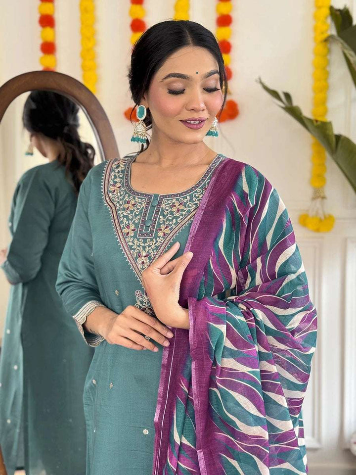 Ethnic Teal Salwar Kameez | Printed Linen Dupatta  Trendy Party Wear
