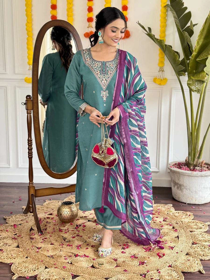 Ethnic Teal Salwar Kameez | Printed Linen Dupatta  Trendy Party Wear