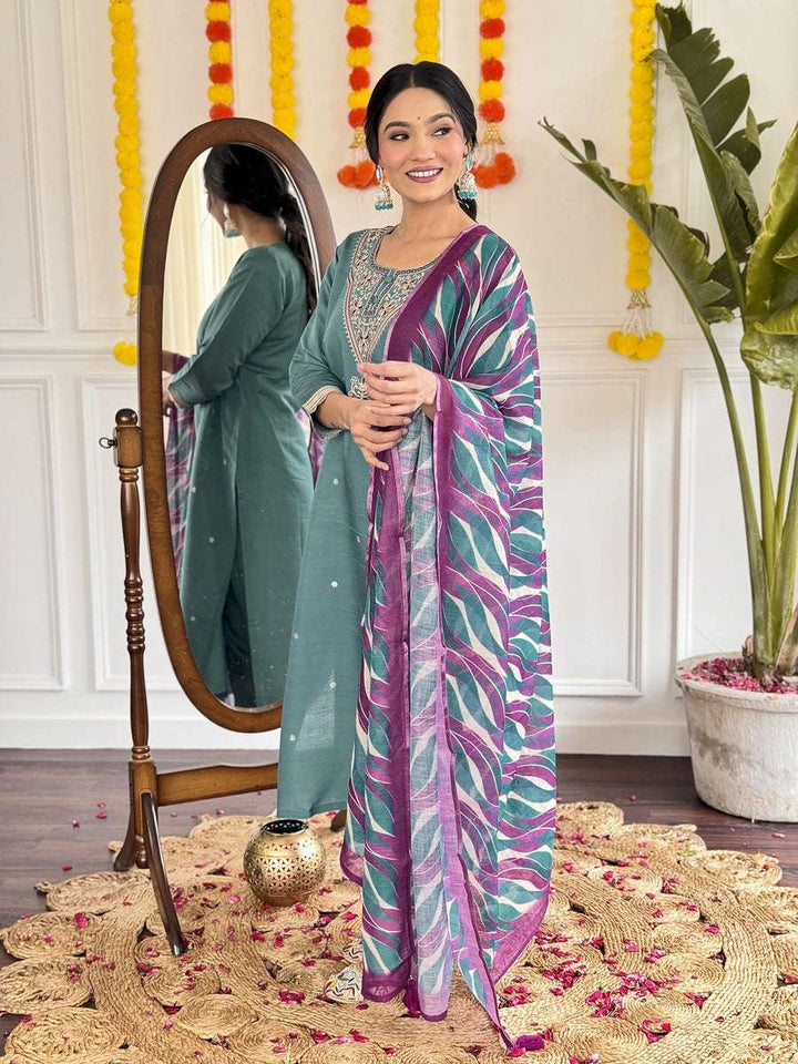 Ethnic Teal Salwar Kameez | Printed Linen Dupatta  Trendy Party Wear