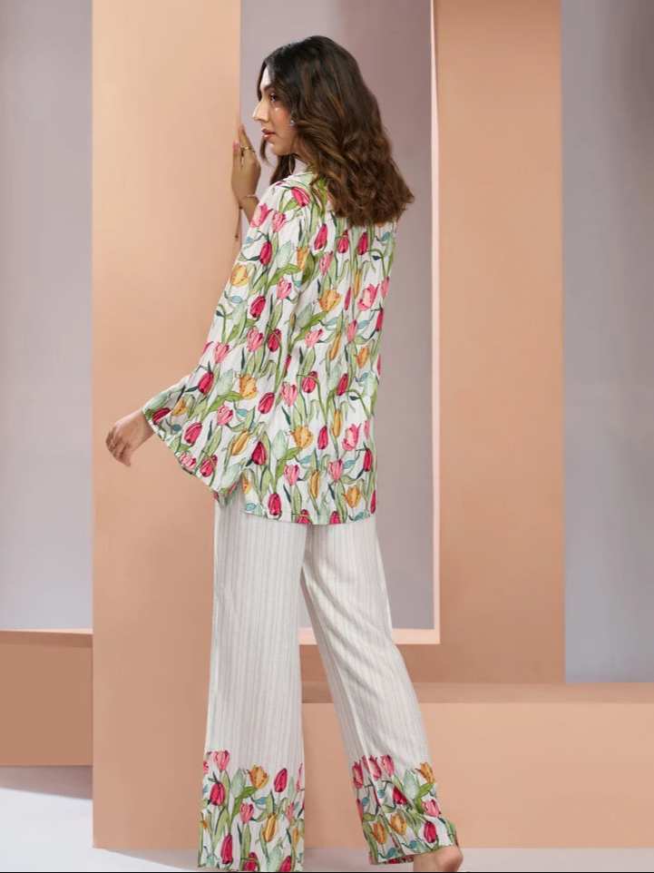 Designer Muslin Silk Co-ord Set | Off White Trendy Fashion Wear