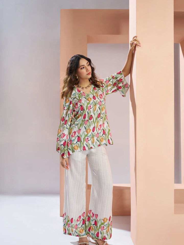 Designer Muslin Silk Co-ord Set | Off White Trendy Fashion Wear
