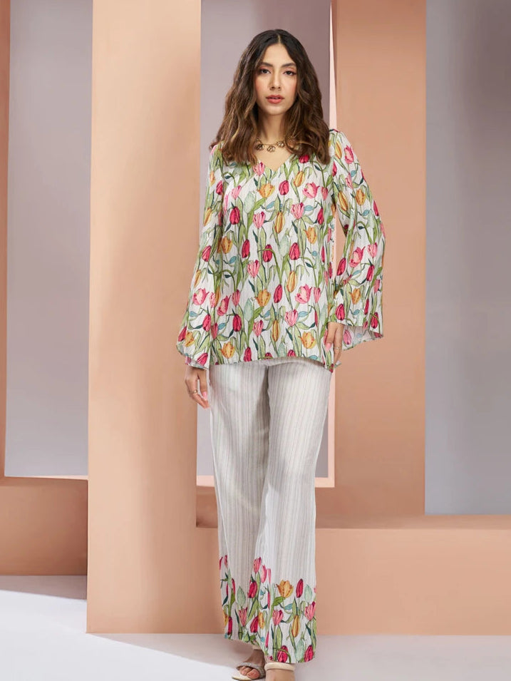 Designer Muslin Silk Co-ord Set | Off White Trendy Fashion Wear