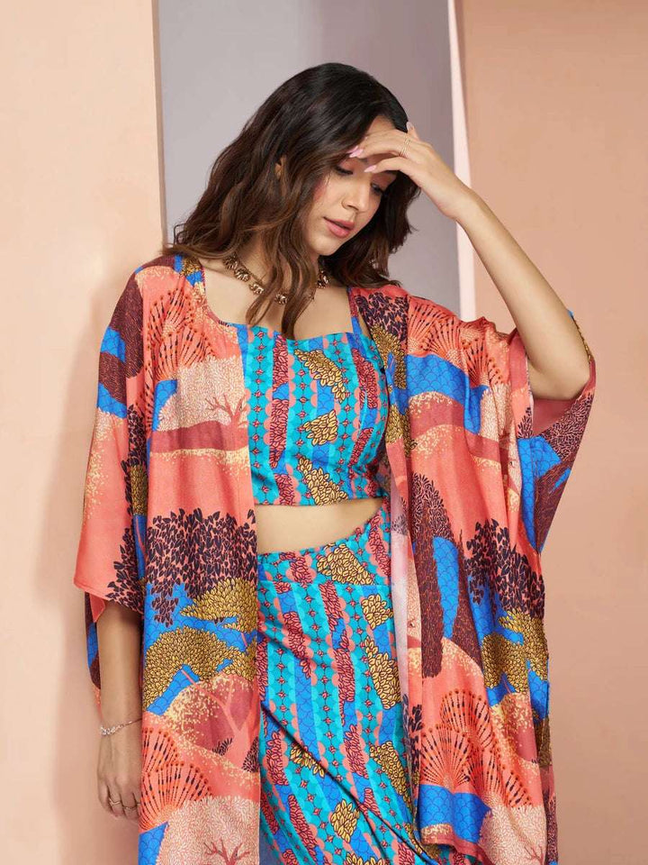 Chic Blue Muslin Silk Co-ord Set | Fashionable Shrug Included