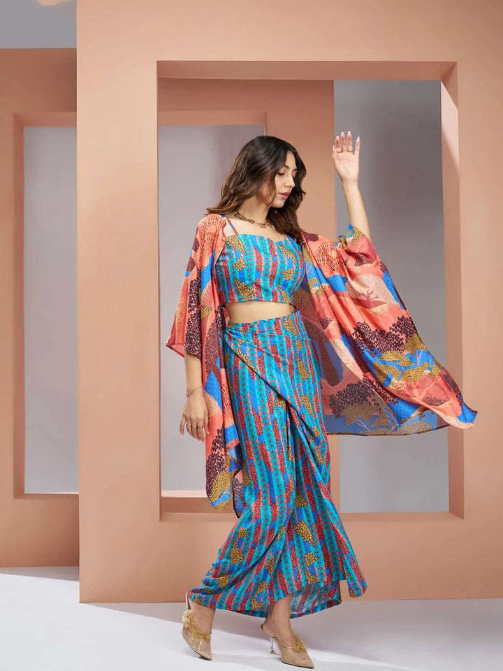 Chic Blue Muslin Silk Co-ord Set | Fashionable Shrug Included