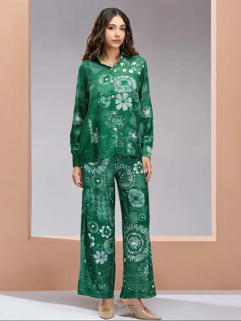 Chic Green Co-ord Set | Muslin Silk Designer Printed Festive Attire
