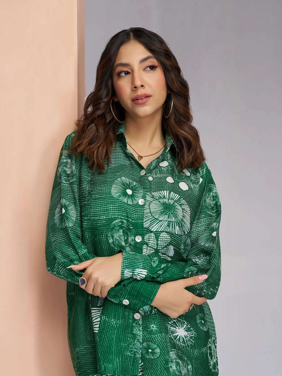 Chic Green Co-ord Set | Muslin Silk Designer Printed Festive Attire