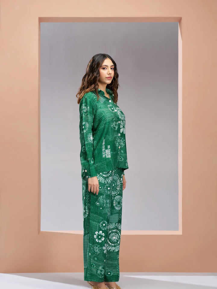 Chic Green Co-ord Set | Muslin Silk Designer Printed Festive Attire